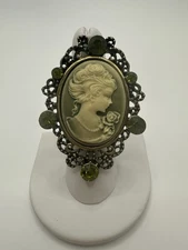 Bronze Tone Olive Green Cameo Ring Adjustable Size 2”L
