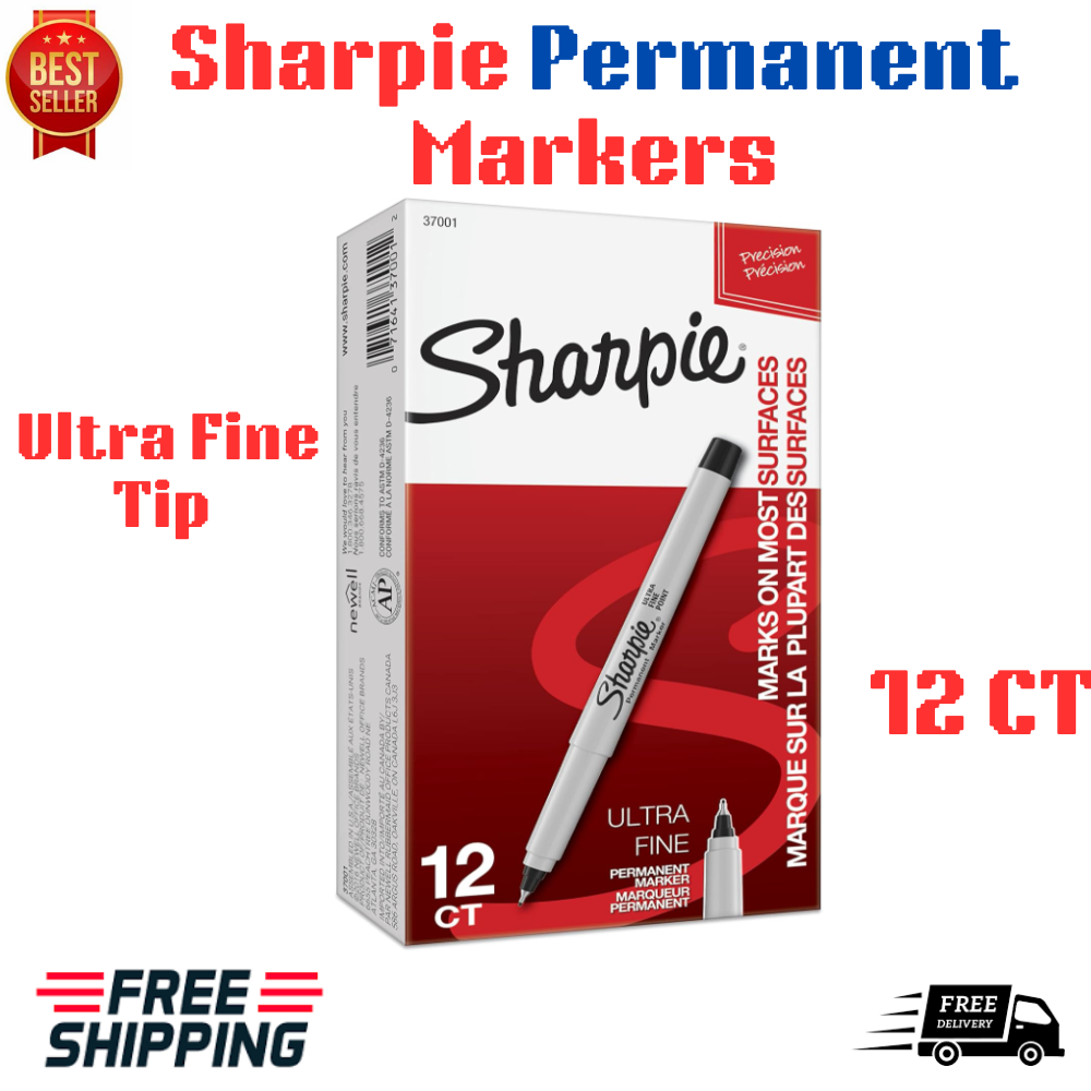 SHARPIE Permanent Markers Ultra Fine Tip Markers Set Black, 12 Count