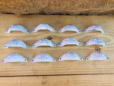 12 CUP PULLS DISTRESSED WHITE DRAWER CABINET BIN HANDLES CAST IRON HARDWARE KNOB