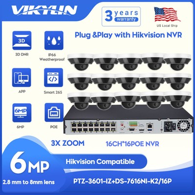 Hikvision Compatible Security system 16CH 6MP PTZ 3X Zoom Dome Camera MIC IR Lot