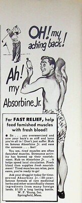 1947 Absorbine Jr. Vintage 40s Print Ad Aching Back Fast Relief Springfield Mass
