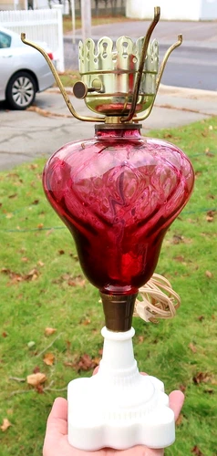 Antique SANDWICH GLASS Oil LAMP, Electrified - CRANBERRY w Scalloped Square Base