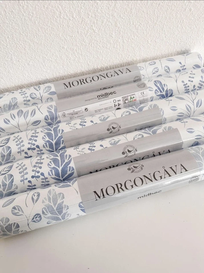 Doble rollo de papel tapiz Morgongåva Midbec hoja de Isha azul Foto 2 de 4