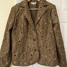 Bronze Metallic Embellished Blazer Embroidered Polkadots Textured Crinkle Fabric