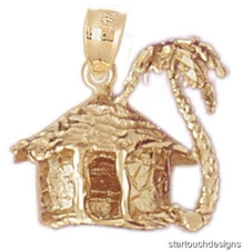 New 14k Yellow Gold 3-D Palm Tree And Hut Pendant