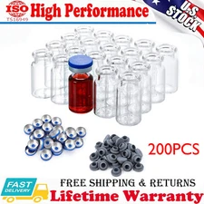 200pcs 10ml Vials Glass Clear with Plastic-Aluminum Caps and Rubber Stoppers USA