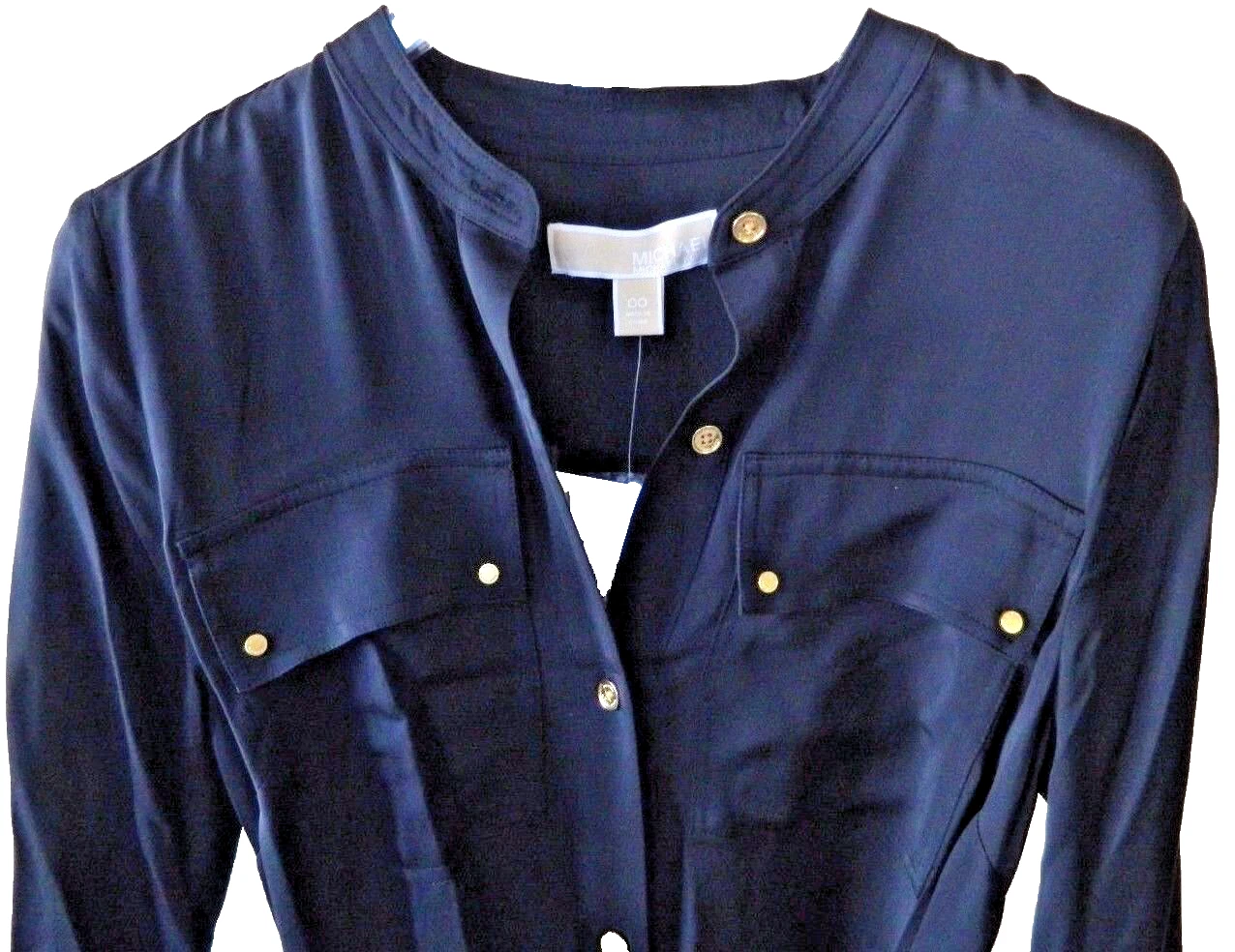 Abito camicia seta Michael Kors $325 blu navy con cintura e toppe tasche taglia 00 nuovo con etichette