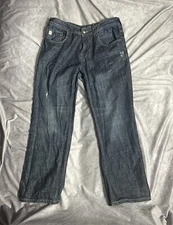 Marc Ecko Mens Jeans W34 L30 boot cut button flap rear pockets distressed denim