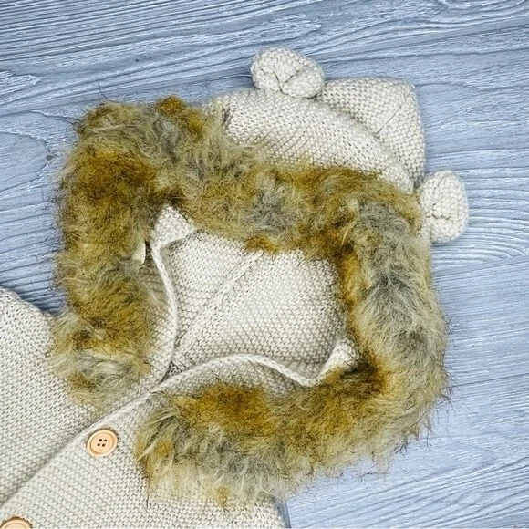 Calça longa bebê uma peça manga longa com capuz jumper e orelhas de gola de pele sintética 6-12 - Imagem 3 de 4