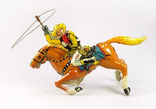 1950s Vintage Marx Wind-Up Cowboy on Horseback Tin Toy with Lasso