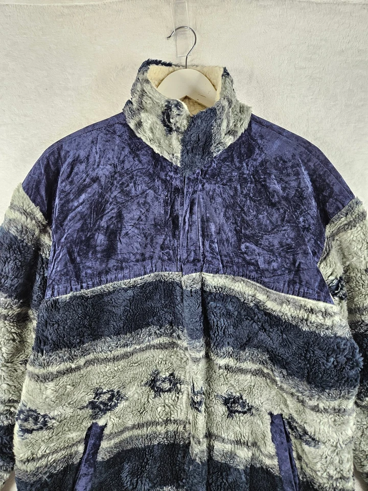 Chaqueta polar gris azul vintage para mujer patrón de rayas isla justa cremallera completa XL Foto 2 de 4