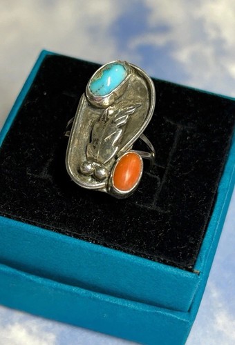 ZUNI T Romancito Sterling Silver Turquoise Coral Feathered Shadowbox 925 Ring 6
