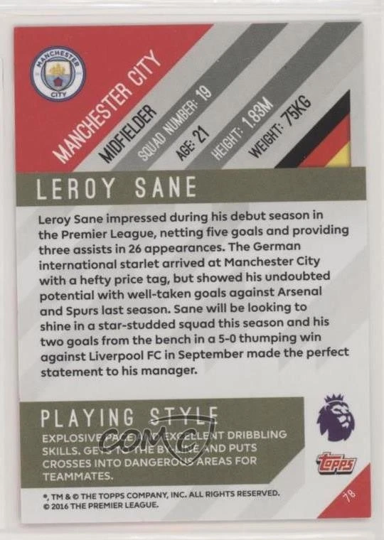 2017-18 Topps Premier League Gold Leroy Sane #78 - Image 2 of 2