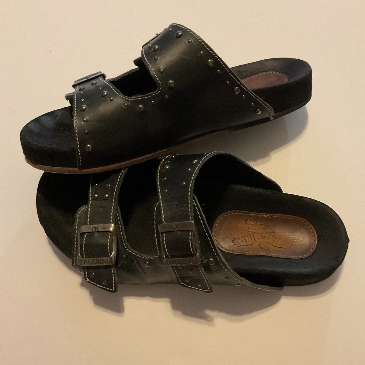 Freebird By Steven Flat (Under 1 in) Leather Upper Sandals  Freebird by Steven Asher Black Leather Double Buckle Slide Sandals Womens Size 9 main image 0