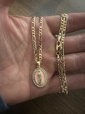 18 Carat Gold Filled 3mm 24in Figaro Necklace With Vintage Virgin Mary,750,Italy