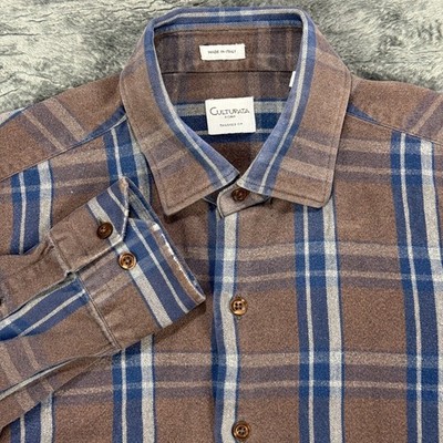Culturata Roma Button Down Shirt Mens M Brown Blue Plaid Made in Italy