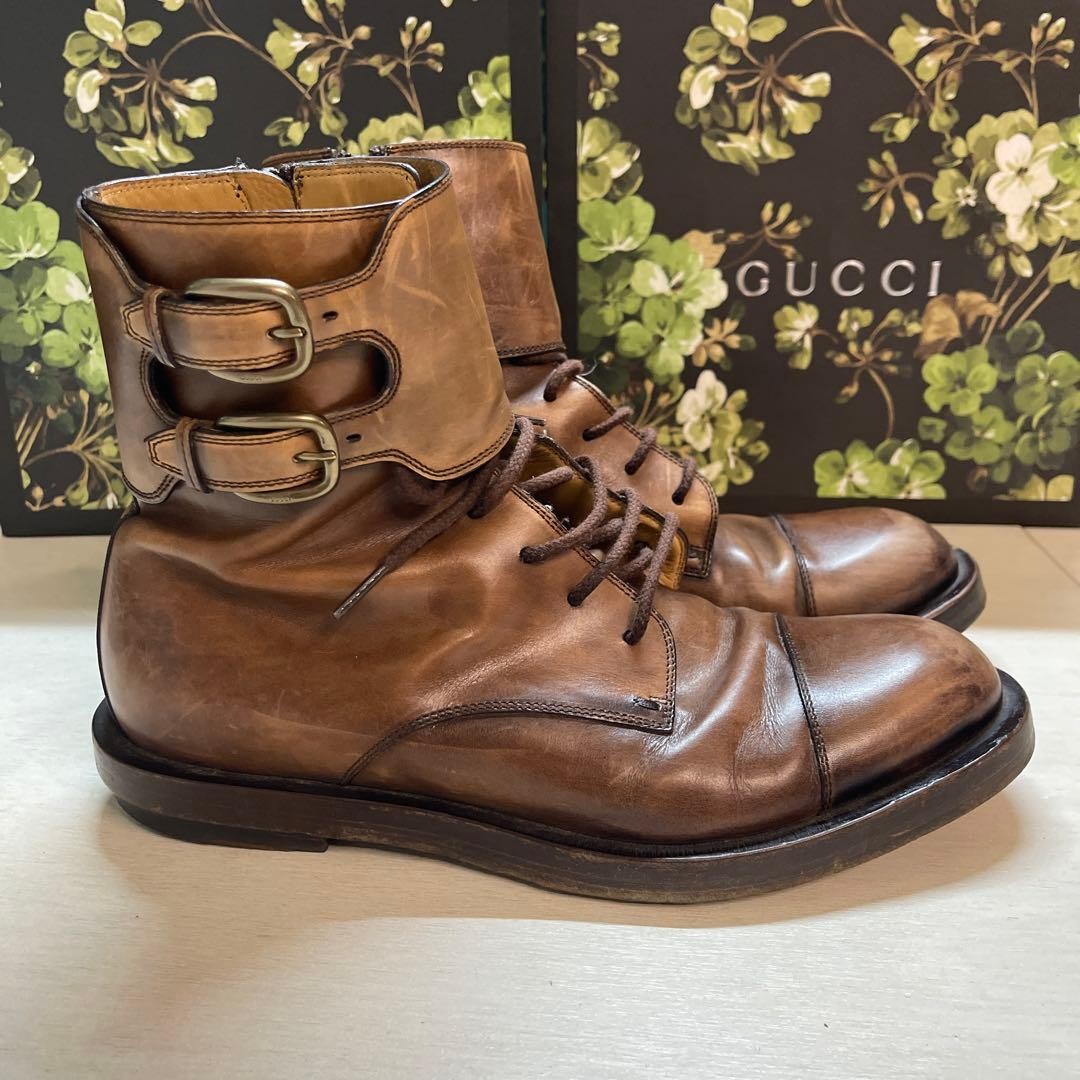 Gucci Lace Up Boots Brown Leather With Zipper Size 7.5 US About8 For Men thumbnail 4