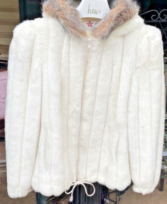 Fur Jacket Ivory Faux Womens Size M zipper hooded pockets lined