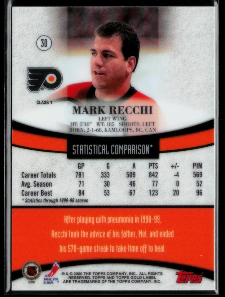 1999-00 Topps Gold Label Class 1 Black #30 Mark Recchi - Image 2 of 2