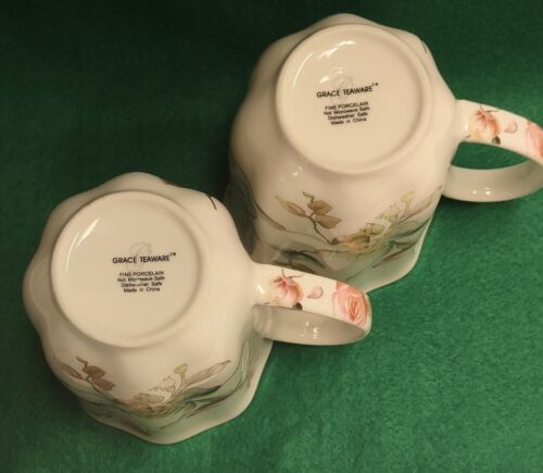 2 Grace Teaware Coffee Cups Mugs 10 oz " Birds & Pink Roses" Gold Trim - Picture 6 of 11