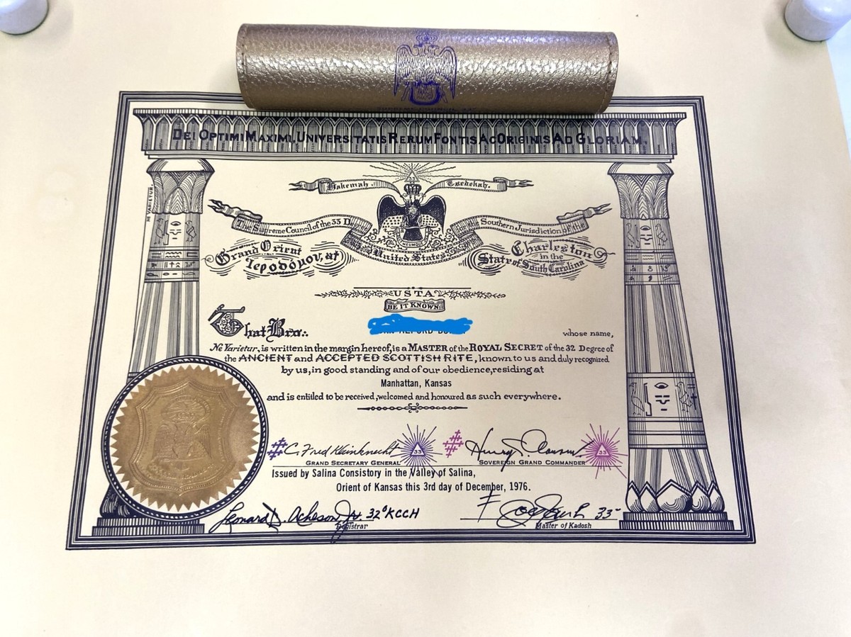 Scottish Rite Master 32 Degree Acceptance Certificate . 1976