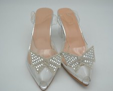 Women Transparent Slippers Crystal Bowknot High Heels Slides Sandals Pumps Shoes