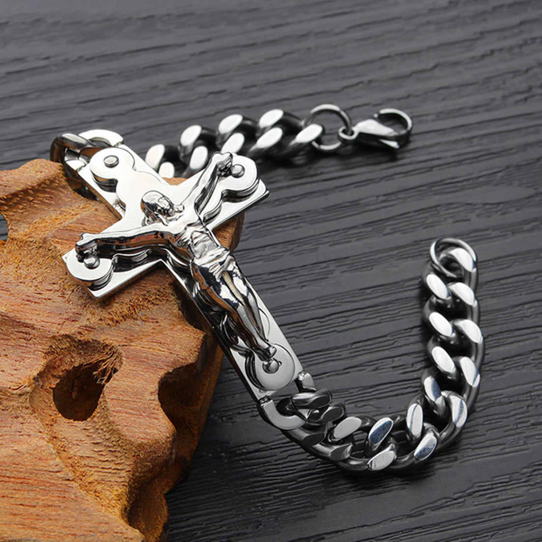 Fashion Silver Stainless Steel Jesus Cross Chain Wristband Men