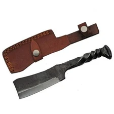 Railroad Style Carbon Steel Cleaver Knife 9" Forged Blade with Leather Sheath
