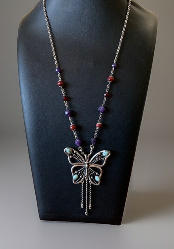 Vintage Lucky Brand  Butterfly 2 Sided Pendant Necklace 24” Turquoise & Amethyst - Bild 1 von 9
