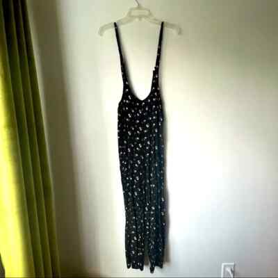 Forever 21 Black Pink Floral Suspender Style Straight Leg Jumpsuit M