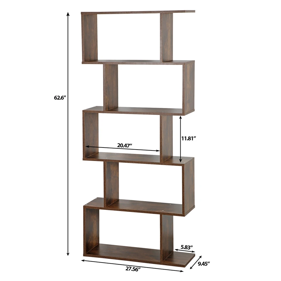 2×5-Tier Bookshelf Wood Geometric Bookcase Freestanding S-Shaped Display Shelves - Image 3 of 4