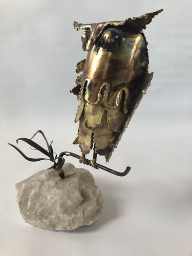 Mid Century Modern Owl Sculpture Brutalist Torch Metal Onyx/quartz Base 14x8” - Picture 3 of 8