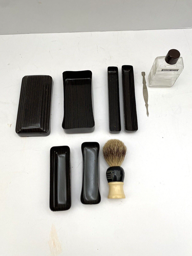 Kit vanità da viaggio vintage in pelle da uomo marrone celluloide made in USA set incompleto - Foto 5 di 12