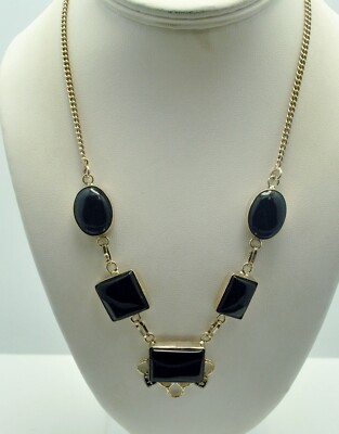STERLING SILVER CURB CHAIN NECKLACE W DARK STONES   18.25 #FMP158