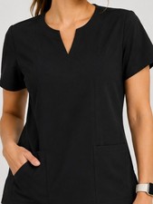 Mandala Black Scrub Top Women  s Large L Equa-Tek Stretch V-Neck Medical
