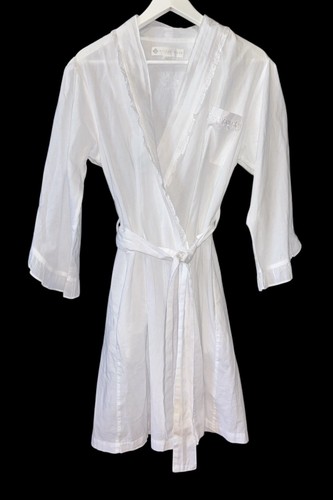 Eileen West White Short Robe Wrap Ruffle Trim Tie Waist Lightweight Size S/M