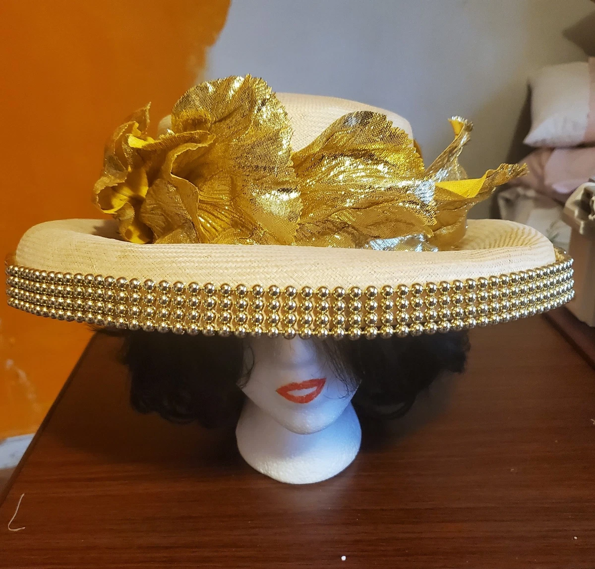 Vintage Shellie McDowell Heavily Embellished Gold Cream Lace Church Dress Hat Shellie Mcdowell Church Hats - Etsy main image 3