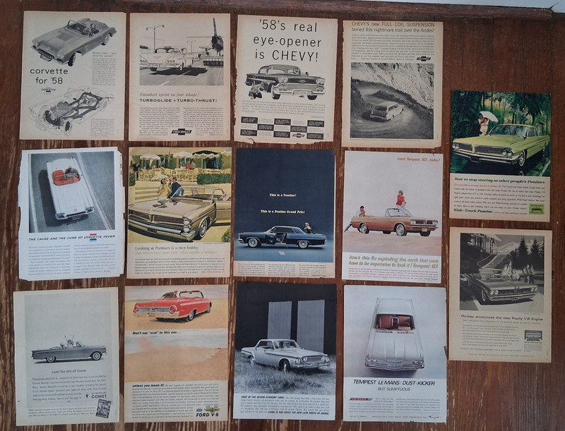 Lot of 14 1950s 60s Magazine Ads 58 Corvette Catalina Tempest Grand Prix 62 Dart