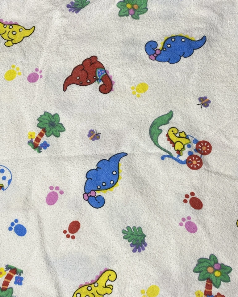 Vintage Dinosaur Baby Flannel Receiving Blanket Blue Yellow Red Dino Palm Tree - Image 3 of 3