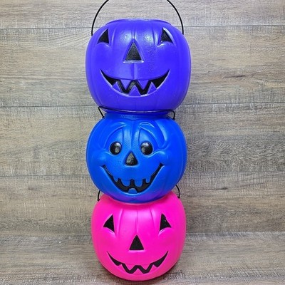 3x Lot Blow Mold Bucket General Foam Plastic Halloween Pumpkin Candy USA 10'' Vtg
