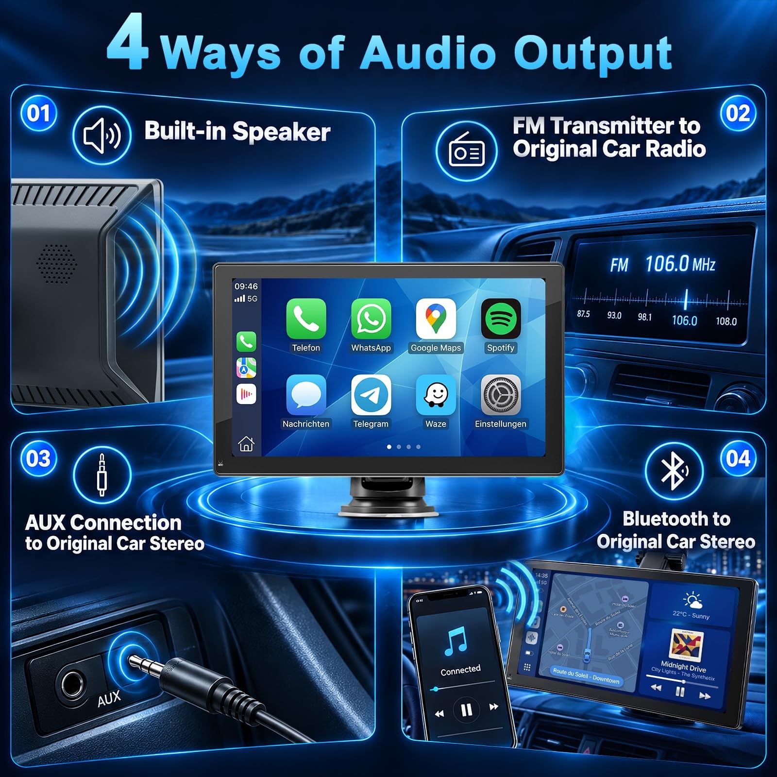 Moobsnry Display CarPlay da 9 Pollici HD Schermo per Auto Portatile Wireless - Miniatura 11