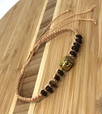 Buddha Bracelet Handmade Adjustable Beige Cord Gold Head Bead Unisex Boho Spirit