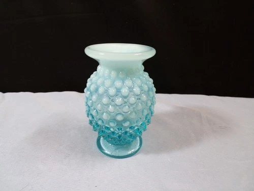 Fenton Blue Opalescent Glass Hobnail Mini Miniature Vase w/ Flat Top