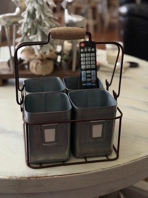 Farmhouse Distressed Four Tin Organizer with Handles Utensil Holder - Caddy