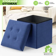 15 in Navy Blue Foldable Storage Ottoman Foot Stool Bench Chest w/Flipping Lid