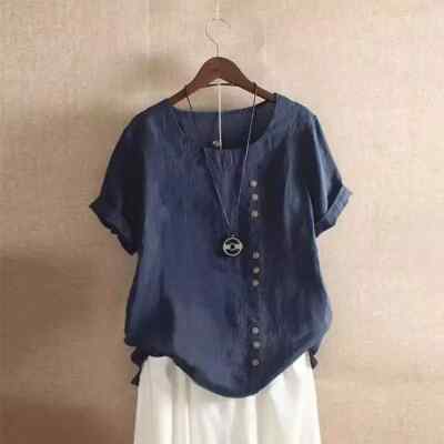 Damen Sommer Drucken T-Shirt Tops Leinen Bluse Kurzarm Tunika Freizeit Oberteile