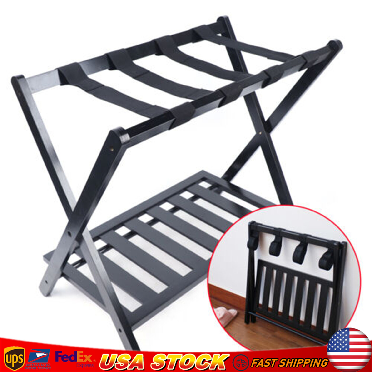 Luggage Rack Foldable with Shelf Travel Bamboo Suitcase Storage Holder Stand-image