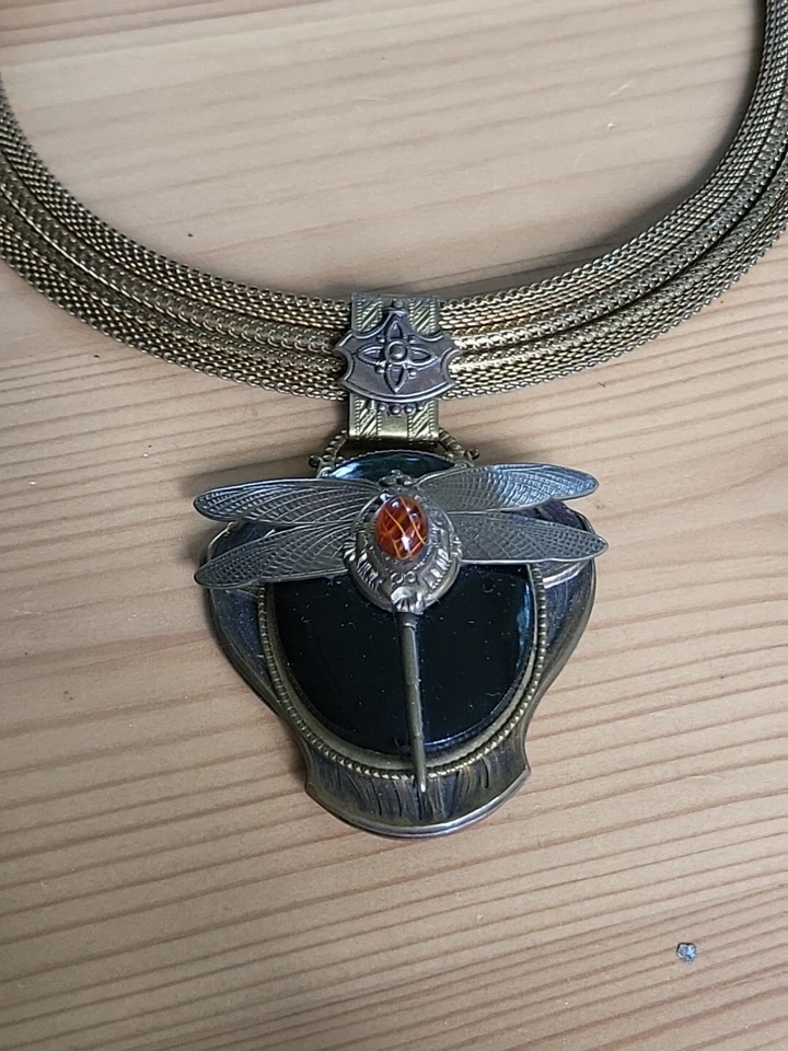 Patrice стрекоза оникс кабошон подвеска латуни сетки заявление ошейник ручной работы - Изображение 2 из 4