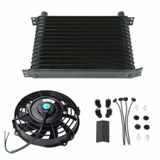 Universal 15 Row 10AN Engine Transmission Oil Cooler + 7" Electric Black Fan Kit