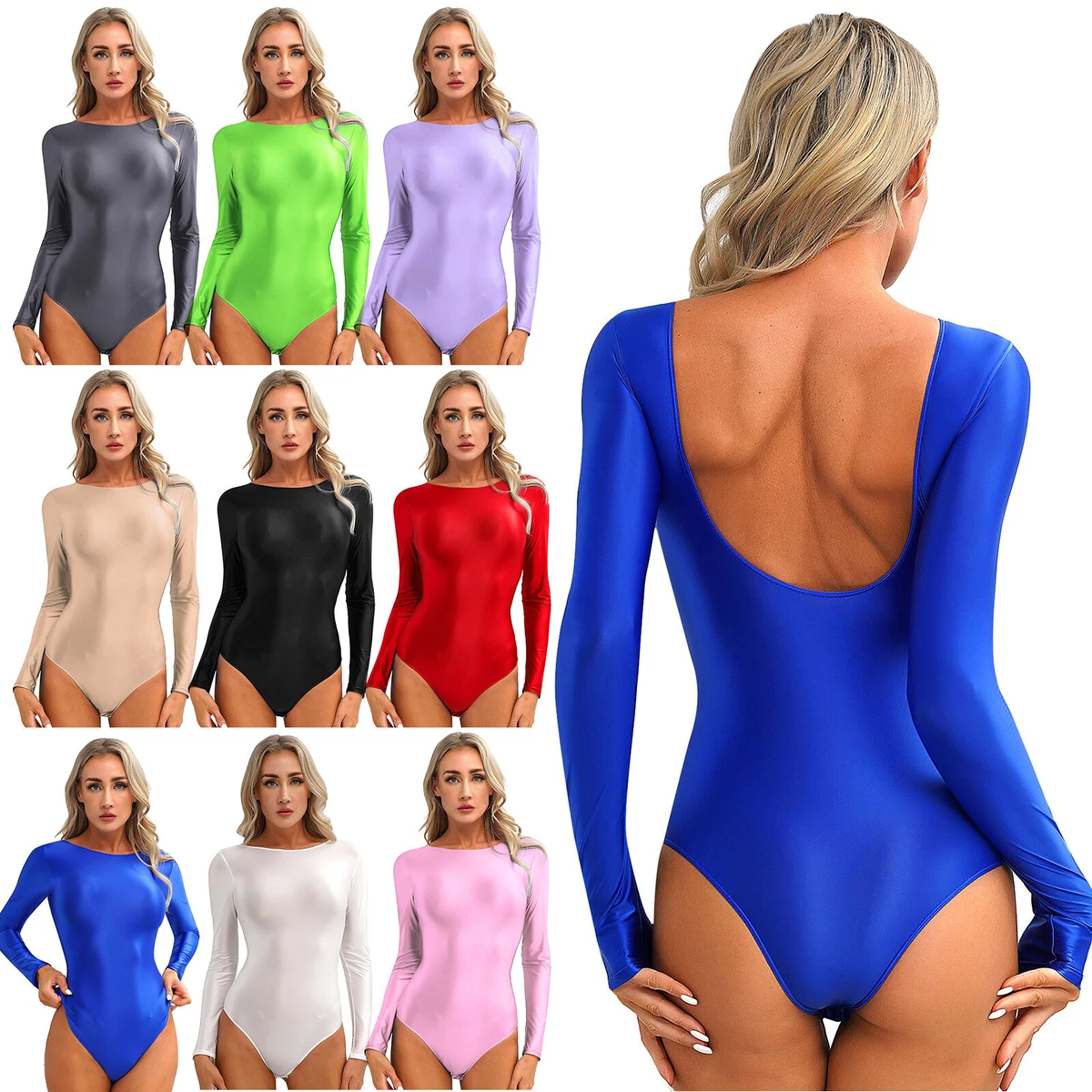 Women Glossy Smooth One-piece Long Sleeve U Back Tight Bodysuit